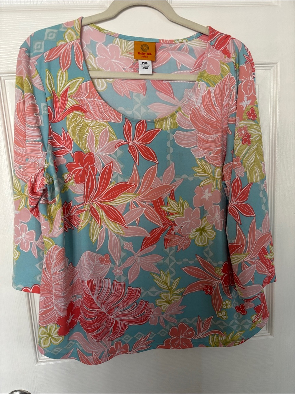 Ruby Rd. Floral Scoop Neck Long Sleeve Top - Blue, Pink & Red